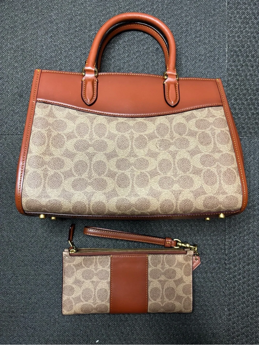 Coach Brown/Tan Signature Satchel with Matching Wristlet